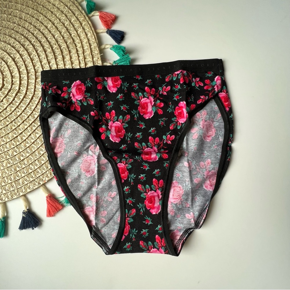 Victoria's Secret Stretch Cotton High-Leg Brief Panty Black Moody Roses XS NEW